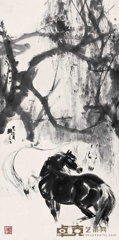 刘旦宅 1984年作 柳荫双骏 镜心 137×68cm